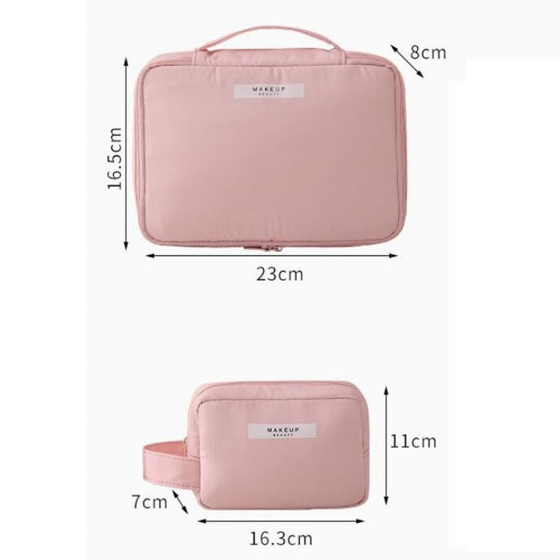 Dimensions of the Makeup Bag: Small (11cm L x 16.3cm W x 7cm D), Large (16.5cm L x 23cm W x 8cm D)